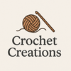 Logo for 'Crochet Creations' featuring a ball of yarn and crochet hook on a beige background.
